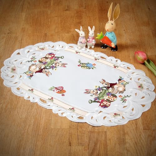 HanaQi - Ostern Tischläufer Tischdecke Weiß mit Häschen Narzissen Stickerei, Polyester ca. 30x45 cm, Oval