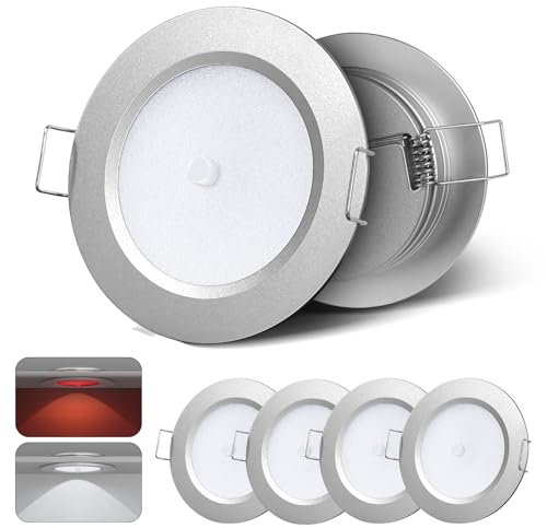 camperxlite 4 Piezas 2.5W Foco Empotrable 12VDC Regulable para Camper, 76mm Aluminio Extraplano Focos LED Interior Techo 24VDC, Spot con Luz Roja para Autocaravana Barco Tráiler Baño CRI 93 (5000K)
