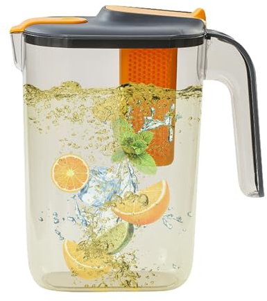Carafe en plastique avec couvercle et infuseur à fruits, carafe à eau pour 2,6 litres d'eau froide ou chaude, pour thé glacé et jus faits maison