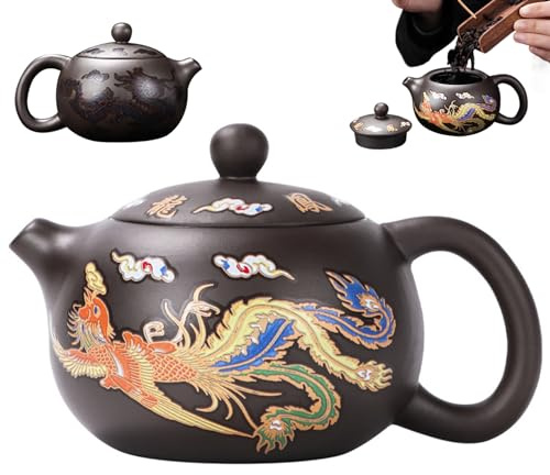 Keramik -Teekanne Drache und Phoenix Chinesische Teekannenfarbe wechseln Kung -Fu -Tee -Topf mit Griff und Infuser 250 ml breitem Mund -Mund -Traditional -Teekannen -Teegeschenk, Schaumstoffpaket, Ke