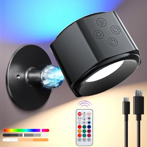 BBLTIFF Applique Murale Intérieure, Lampe Murale Sans Fil Rechargeable, Applique Murale Led avec Télécommande ou Tactile, RGB 3 Températures de, Chargeur USB, Pour Intérieur & Extérieur