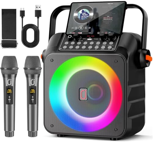 HWWR - Máquina de Karaoke para Adultos y niños, máquina de Karaoke portátil con 2 micrófonos inalámbricos, subwoofer de 6.5 Pulgadas, Luces de DJ, Sistema de PA Karaoke con micrófonos, Soporte