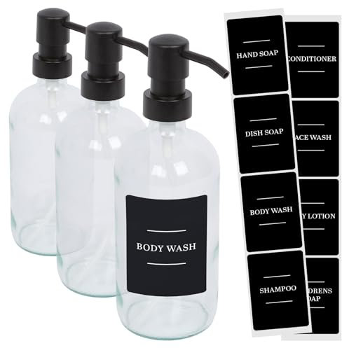 Harbour Housewares Glass Soap Dispensers with Labels Pack of 3-500ml Clear Refillable Bottles with Pumps and Black Labels - Bathroom and Kitchen Accessories for Hand Wash, Lotion or Sanitiser