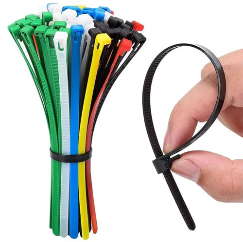 150pcs Coloured Cable Ties, 200x5mm Reusable Zip Ties, Premium Nylon Zip Ties, Multi-Purpose Plastic Tie Wraps, Secure Self-Locking Mechanism, for Home, Garden, Office and DIY