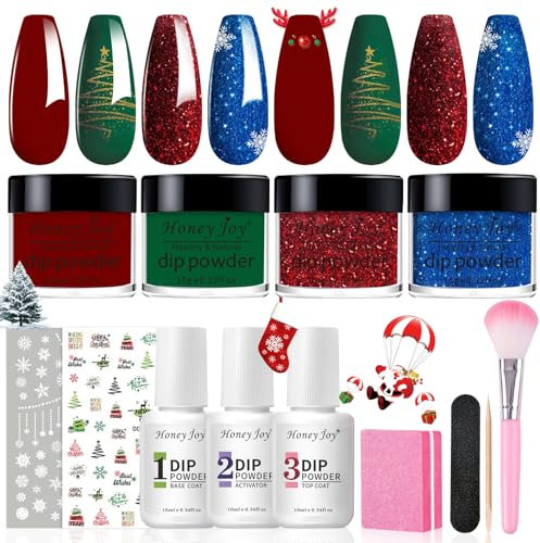 Honey Joy Dip Powder Nail Kit Starter, 4 Colors Christmas Glitter Red Green Blue Dipping Powder Liquid Set with Base Top Coat for Nail Art Manicure Salon DIY, Dip-7pcs-No.15