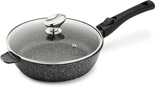 Pradel Excellence - PCUI001007 - Sauteuse en Fonte d'Aluminium Premium Ø24cm, Revêtement Anti-Adhésif Façon Pierre, Couvercle Verre, Manche Amovible, Tous Feux