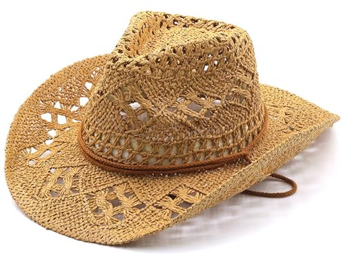 Gcroet Khaki Straw Cowboy Hat - Wide Brim, Breathable, Lightweight - Unisex Adults - Cowboy/Cowgirl Fans - Spring/Summer - Classic Style - High Sun Protection - Medium/Large (24.83 inches) - UK Size