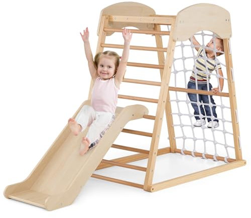 COSTWAY Klettergerüst Indoor, 4 in 1 Pull Up Bar & Rutsche & Kletternetz & Leiter, Indoor Spielplatz für Kinder ab 1 Jahr (Natur)