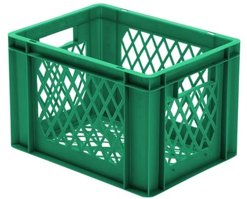 1a-TopStore Transport-Stapelkorb TK 400/270-2, Grün, Wände u. Boden durchbrochen, 400x300x270 mm (LxB), mit Grifföffnungen, aus lebensmittelechtem PP