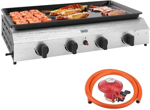 Outsunny Gas Plancha Grill with 4 Stainless Steel Burners, 9.6kW, Portable Tabletop Gas BBQ with Non-Stick Griddle for Camping, Picnic, Garden, Party, Festival, Silver Tone