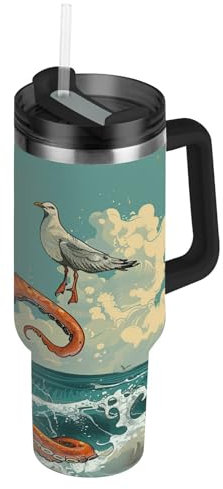 Retro Japanische Krake Vogel Trinkflasche Wasserflasche mit Strohhalm für Sport, Thermosflasche BPA-frei Isolierflasche Edelstahl für Kinder Wandern Schule