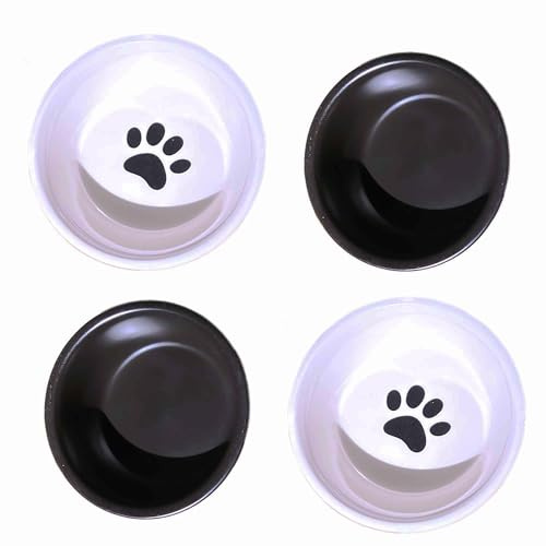 Round Ceramic Cat Bowl Set 4,Cat Food Dish Cat Food or Water Bowl Anti Vomiting,Pet Stress Free for Cats and Small Dogs Black White（200ML/5 OZ)