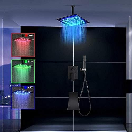 Juego de Grifo de Ducha Empotrado con LED Orb Negro, Cabezal de Ducha Tipo Lluvia LED, caño Cascada, Mezclador de 3 vías, Ducha de baño, Juego Completo de 16 Pulgadas, Juego Completo de 8 PU