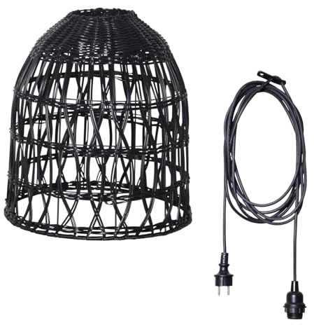 Lampenschirm BELL in Rattan Optik outdoor wetterfest für Garten Terrasse Balkon für E27 Fassungen schwarz H: 33cm Hängelampenschirm für Innen Außen in Korbgeflecht Stil (D: 30cm/schwarz-2,5m Kabel)