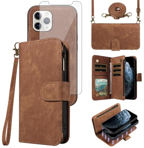 Phone Case for iPhone 11 Pro 5.8 Zipper Wallet Magnetic Detachable Cell Cover with Screen Protector Crossbody Lanyard Strap Flip Card Holder Slot iPhone11pro iPhone11 i XI 11s 11pro2 Women Girls Brown
