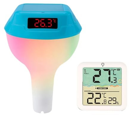 TIEOAXFT Thermomètre de Piscine extérieur Intelligent à énergie Solaire avec jauge numérique LED, Transmission sans Fil de 100 mètres, thermomètre de Spa étanche(Blue2 Digital displa)