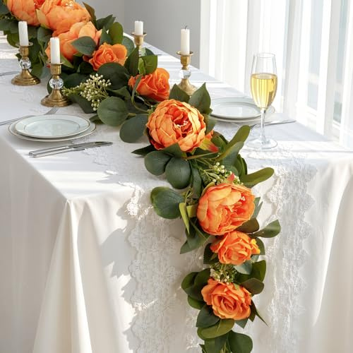 Lewondr Guirnalda de Eucalipto Artificial con Flores - 4 Rosas 4 Peonías, 1,8M Guirnaldas de Flores Falsas, Enredaderas Florales Artificiales, Sin Mantenimiento para Decor Mesa, Salón Fiestas, Naranja