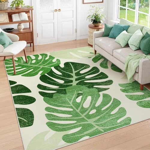 ZDLLDZ Leaf Indoor Outdoor Area Rugs for Living Room, 8x10 Green Washable Tropical Monstera Plant Non-Slip Bedroom Rugs(120x170cm/47x67in/carpet)