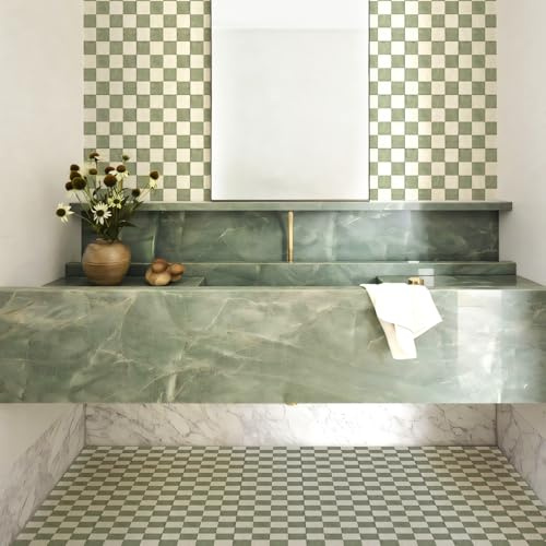 Alwayspon 30x30cmx10Pcs Self-adhesive Flooring Peel and Stick Vinyl Sticker, Non-slip Waterproof Vinyl Floor Tiles Decal for Kitchen Bathroom Living Room, White Green Checkerboard