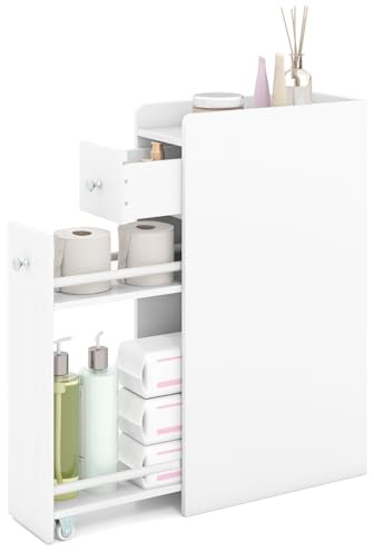 LIFEZEAL Nischenschrank, Badezimmerschrank klein mit Schublade (Weiß) | Nischenregal schmal mit Rollen, Nischenwagen für Waschküche, Wohnzimmer, Badezimmer, 40 x 18 x 70 cm