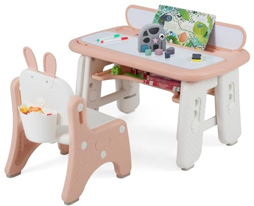 RELAX4LIFE 2 in 1 Set Tavolo e Sedia per Bambini con Lavagna Doppia Faccia Magnetica e Cancellabile, Altezza Regolabile, Cestello Portaoggetti, Tavolino per Bambini 1-12 Anni (Rosa)