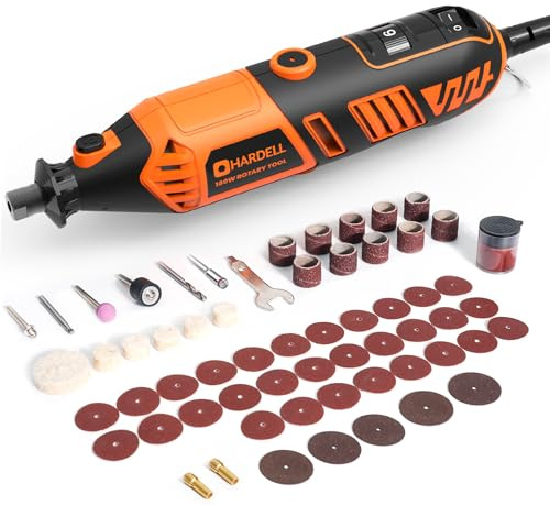 HARDELL Rotary Tool Kit, 180W Corded Rotary Tool 6 Variable Speeds, 8000-35000RPM Power Rotary Tools with 61 Accessories for Sanding, Polishing, Cutting, Engraving,Carving, DIY Crafts (Orange-A)