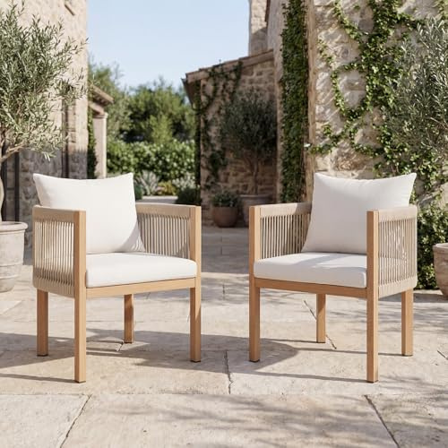Ya-Home Gartenstühle 2er Set mit Rücken Kissen&Sitzpolster wetterfest Beige | Loungesessel Outdoor, Balkonmöbel lounge, Bequemer Terrassenstühle, Gartenmöbel sessel Rope Design für Garten & Balkon