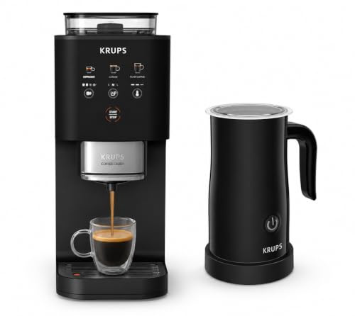 KRUPS Kaffeevollautomat Coffee Crush SA4028E0 mit elektrischem Milchaufschäumer XL1008 – Edelstahlmahlwerk, 15 cm schmal, Frisch- & Pulverkaffee, 150 ml Milchschaum, Schwarz