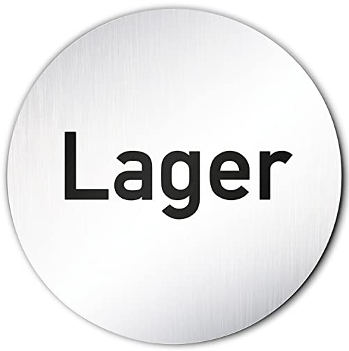 Türschilder24 XXL Türschild • Ø 100 mm • Schild Lager • aus Aluminium Vollmaterial • geschliffene Edelstahloptik • 100% Made in Germany