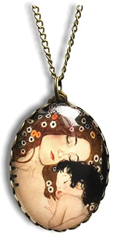 MadamLili - Mutter & Kind Kunst Vintage Klimt Anhänger Set - Bronze Halskette 70cm Lang - Handgefertigt - Kleeblatt - Mutterliebe Gemälde Damen Kette - Exklusive Schmuckbox