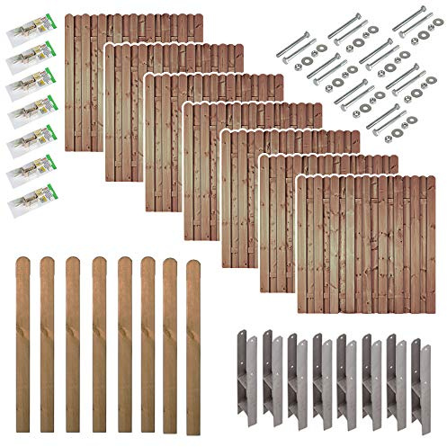 Sichtschutzzaun Holz Bochum Komplettset – 7 Zaunelemente 180x180 cm + 8 Pfosten 9x9x190 cm inkl. H-Pfostenträger & Montagematerial, ca. 13,3 m