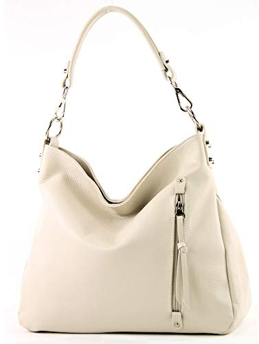 modamoda de T183 Damen Schultertasche Handtasche Tragetasche Echtleder Groß handmade in Italy, Farbe:Creme
