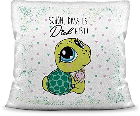 PR Print Royal Deko-Kissen Tiere mit liebem Spruch - Schön, DASS es Dich gibt - Schildkröte/Ich Liebe Dich/Geschenk für Freund, Freundin / 40x40 / Weiß - flauschig inkl. Füllung