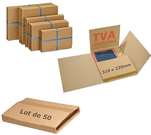 JECO - Lot de 50 étuis croix d'expédition carton brun 310×220mm boite pliante format lettre épaisseur variable 10 à 60 mm pour livre cadre tablette photo