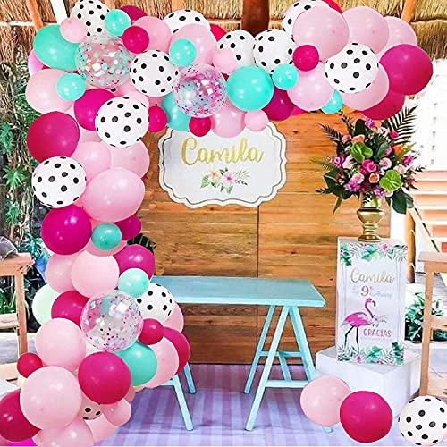 125 Pcs Surprise Party Decorations Balloons Garland Arch Kit, Rose Red Pink Sea Foam Blue White Polka Dots 12 10'' 5 Latex Confetti Balloon, Surprise Themed for LOL Inspired Birthday Party Supplies