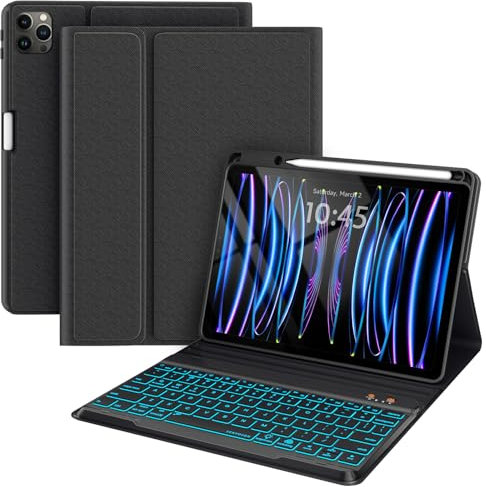 Funda de teclado para iPad Pro de 12.9 pulgadas compatible con iPad de 12.9 pulgadas 2022/2021/2020 (6ª/5ª/4ª generación) con soporte para lápices, funda inteligente para tablet con teclado