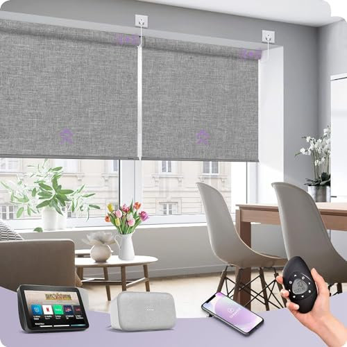 Graywind Customized Smart Roller Blinds Blackout, Textured Fabric Electric Windows Blinds Compatible with Alexa Google, Wifi Hardwired Motorised Roller Shades with Remote, Jacquard Grey
