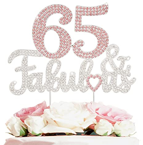 LASKYER 65 & Fabulous Silver Pink Rhinestone Cake Topper - Happy 65th Birthday Cheers to 65 Years Old Bday Party Metal Sparkly Cake Centerpieces Topper Decorations Keepsake.