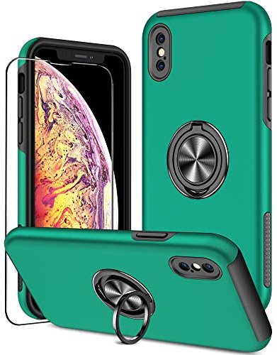 KRAFTCARE Case Compatible for iPhone X and XS with Kickstand Ring and Screen Protector, Shockproof and Anti Scratch Magnetic Built-in Ring Stand Case Compatible for iPhone X/XS - Dark Green