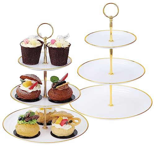 TsunNee Paquete de 2 soportes para tartas de 3 niveles, platos de postre, pasteles, frutas, galletas, caramelos, bandeja de servir escalonada, bandeja de servir para Navidad, boda, cumpleaños, fiesta