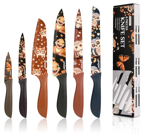 6 PCS Colorful Kitchen Knife Set in Gift Box, Multi Color Coded Knife Set, Cute Pioneer Woman Chef Knife Set, Small Stainless Steel Sharp Cooking Cutting Knives Set Without Block for Kitchen