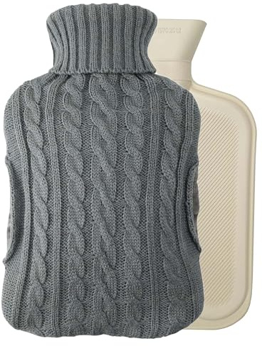 Crystals 2L Hot Water Bottle with Built in Pockets & Knitted Cover Bag - Natural Rubber, Hot Water Bag for Hot and Cold Compress, Neck and Shoulder Pain – Hand Feet Warmer (Grey)