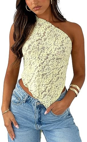 Y2k Long Sleeve Lace Crop Top Fairy Grunge Tee Shirt Patchwork Slim Fit T-Shirt Cute Kawaii Aesthetic Streetwear Fake 2 Piece Tops (Yellow One Shoulder, S)