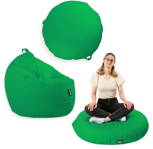 BuBiBag 2in1 Sitzsack Sitzkissen mit Füllung |Medium, Ø:110 cm, Apfelgrün | Indoor & Outdoor Beanbag | Geeignet für Kinder Innen- & Außenbereich Kinderzimmer | Wasser- & Schmutzabweisend Wetterfest