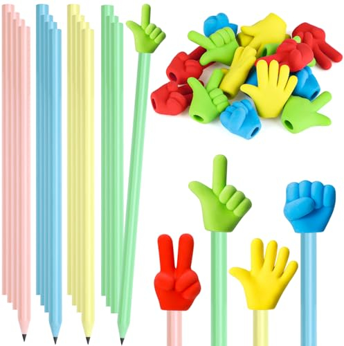Smivyhp Dreikant-Bleistift mit Radiergummi Set, 32 Stück Lustige Mitgebsel Kindergeburtstag, Mehrfarbig Graphitstift mit Schere-Stein-Papier Radiergummi für Schüler Hausaufgaben Schule Büro