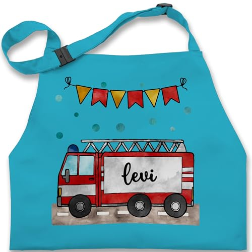 Kinderschürze Schürze Kinder Jungen Mädchen - Feuerwehrauto Motiv I Leiterwagen Geschenk Feuerwehr I Löschzug - 2-6 Jahre - Türkis - kinderkochschürze jugendfeuerwehr name kochschürze junge
