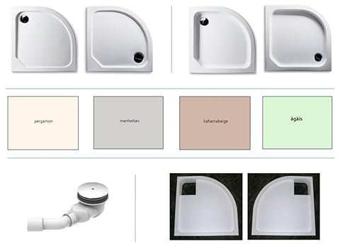 KOMPLETT-PAKET: Duschwanne viertelkreis + Styroporträger/Wannenträger + Ablaufgarnitur (Dusche: Pergamon, Manhattan, Bahamabeige/Beige, Ägäis) (Bahamabeige, 100 x 100 x 2,5cm, Gesamthöhe 15cm)