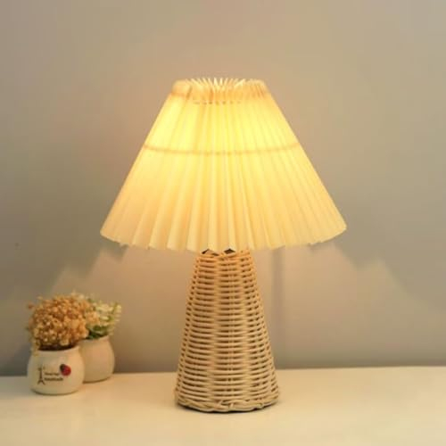 GUANSHAN Rattan Weben Tischlampe Mit Plissee Lampenschirm Pastoral Art Rattan Tisch Beleuchtung Nachttischlampe Dekorative Tischleuchte Für Schlafzimmer, Wohnzimmer