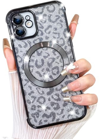 Fiyart Designed for iPhone 11 Case,Compatible with MagSafe Cheetah Print Plating Camera Protection Clear Phone Case, Magnetic Glitter Leopard Print for Women Girls Phone Case 6.1-Black