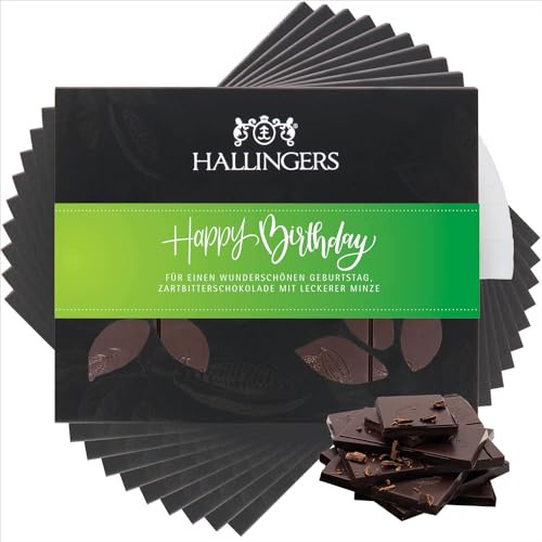 Hallingers Genuss Manufaktur Vegane Schokolade Geburtstagsgeschenk - Tafel handgeschöpfter Edelkakao ohne Alkohol edler Karton 10x Happy Birthday ... Minze, Geschenke für Frauen Männer